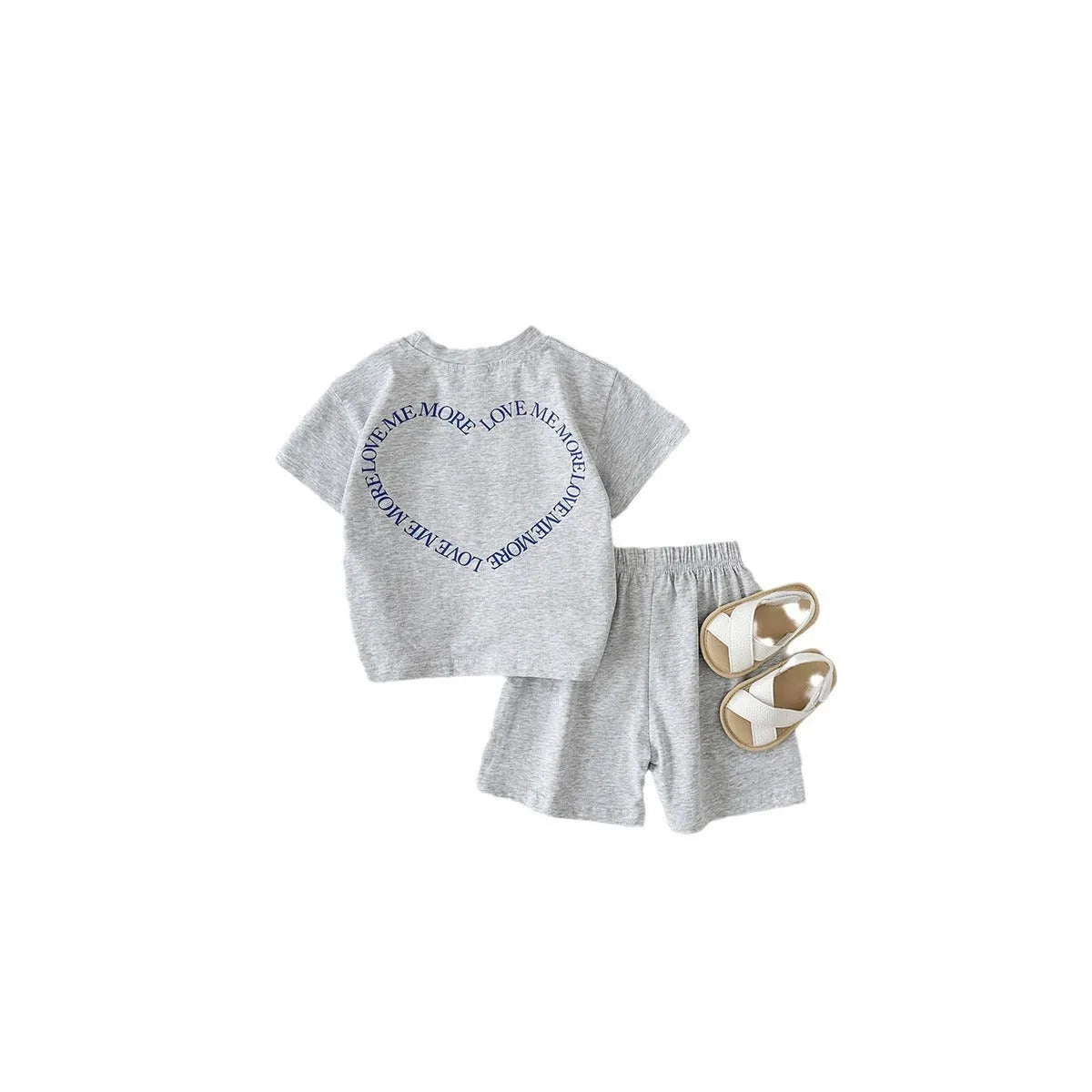 Korean style baby cotton two-piece suit set with heart printing and plaid pattern, shown in grey.