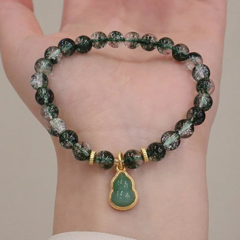 Women's natural citrine and chorite crystal bracelet with green phantom quartz heart pendant and pearl accents