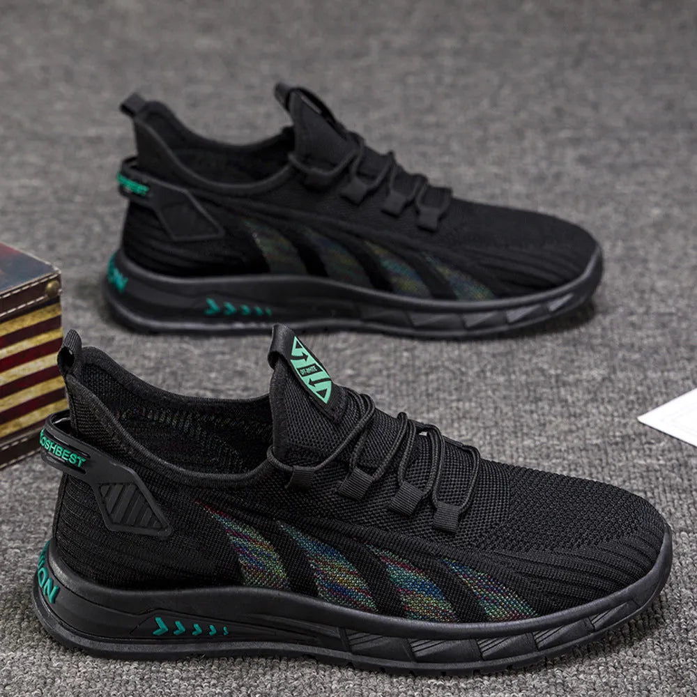 Low-top mesh sneaker with plastic sole in black colour showing striped pattern and flat heel design