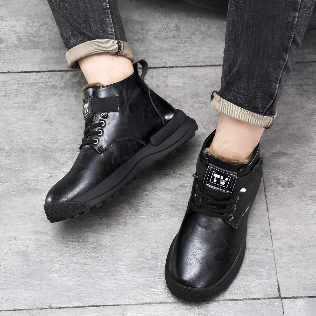 Black velvet platform Martin boots with high-top design and sewing thread detailing