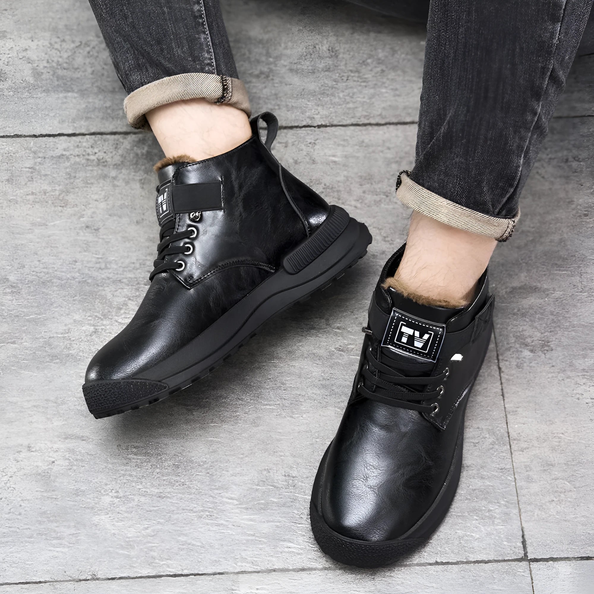 Black velvet platform Martin boots with high-top design and sewing thread detailing