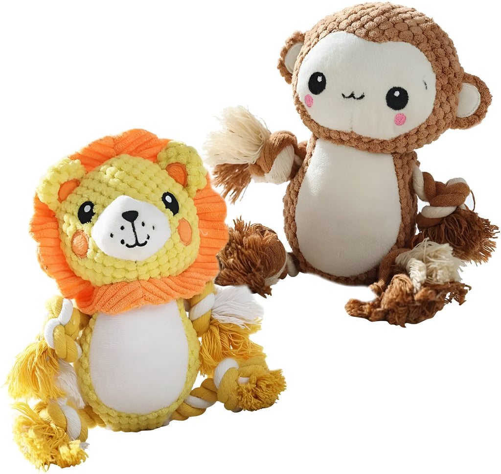 Lion and monkey plush squeaky dog toys bundle for medium and large breeds