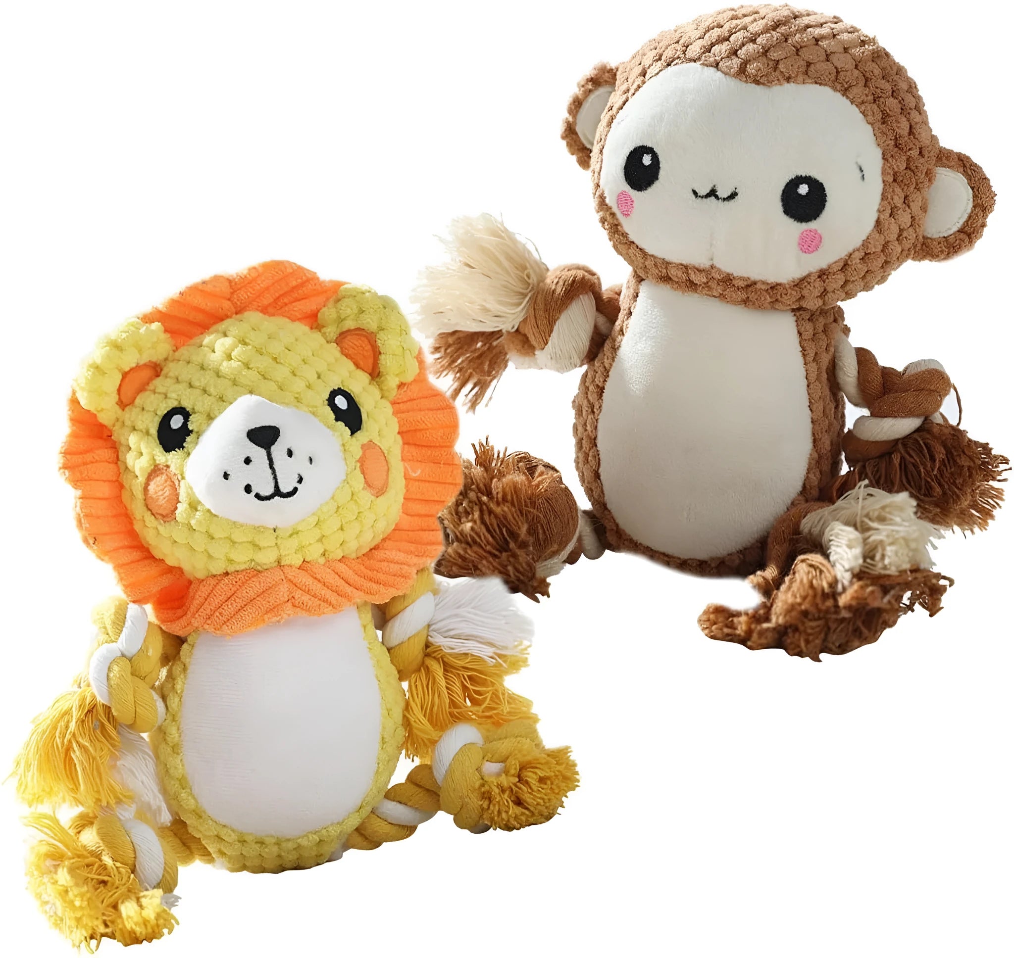 Lion and monkey plush squeaky dog toys bundle for medium and large breeds