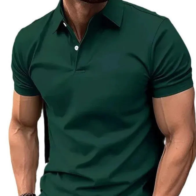 Men's slim fit button-up short sleeve shirt in a solid colour on a hanger.