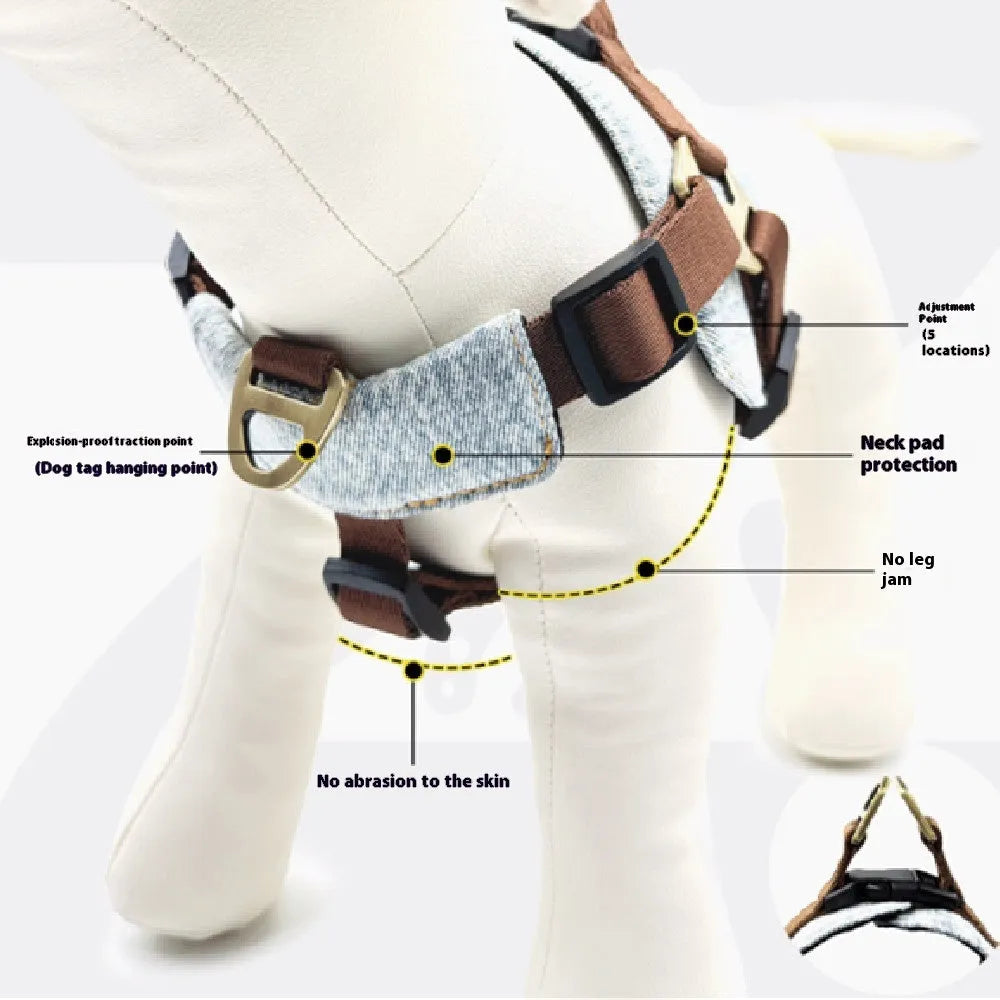 Brown anti-bite nylon dog chest harness with vest style and zinc alloy fittings on small dog