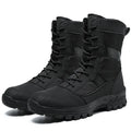 Men's black mesh high-top combat boots with detailed totem pattern on the upper