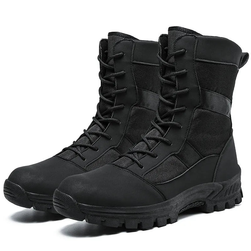 Men's black mesh high-top combat boots with detailed totem pattern on the upper