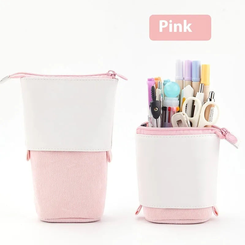 Purple PU corduroy drop-down telescopic stationery case on a desk