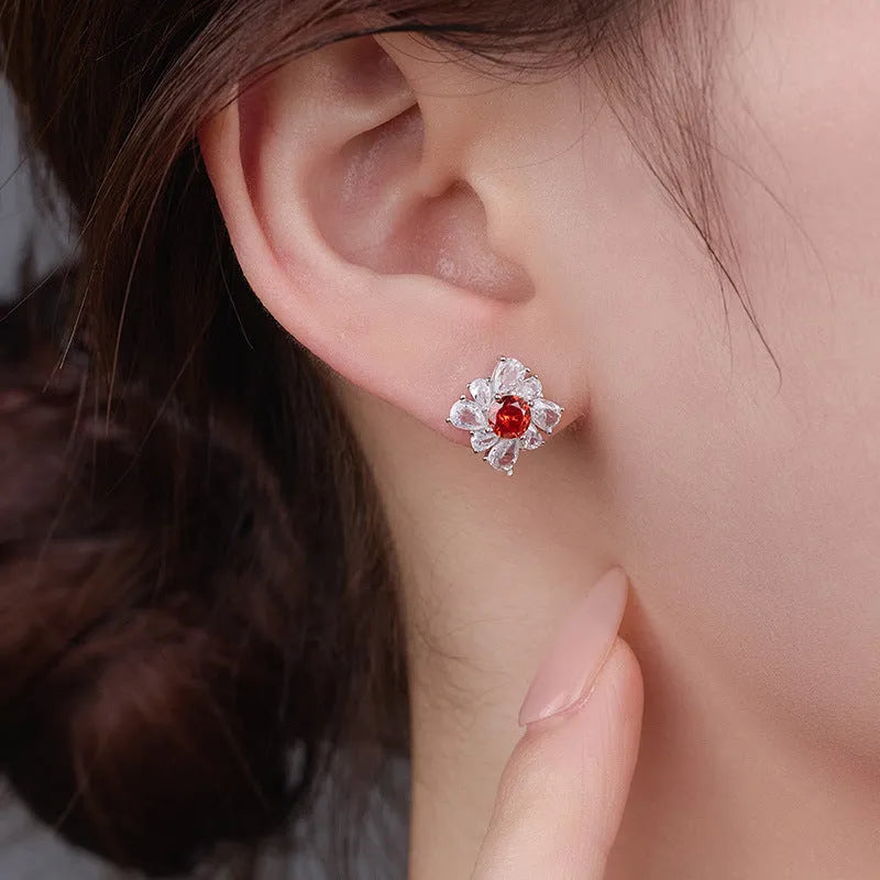 Retro geometric women's earrings in sterling silver with white gold electroplating and pigeon red tones