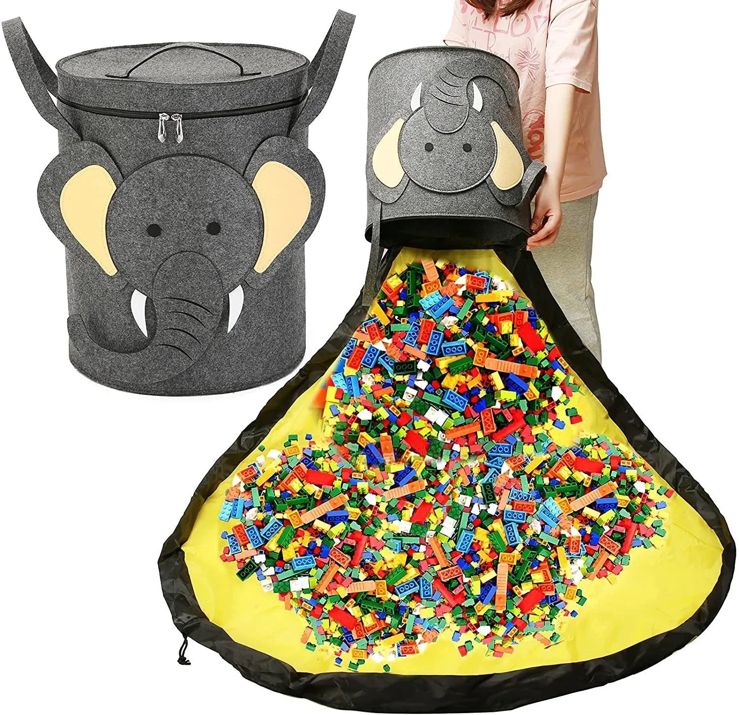 Green felt cube storage bag with pull rope, shown open as a play mat and closed as a toy container.
