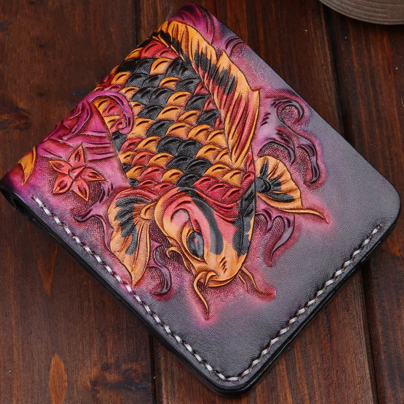 Men's carved leather short wallet in red, blue, or gold, showing open design and texture.