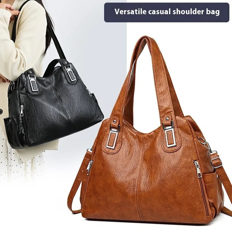 Large square vertical PU tote bag for women in light brown colour, showing single strap and clean design.