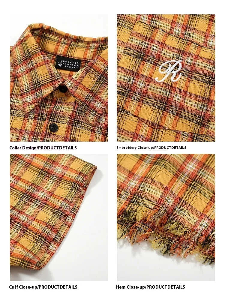Yellow grid plaid short sleeve shirt with embroidery chest pocket, loose fit design