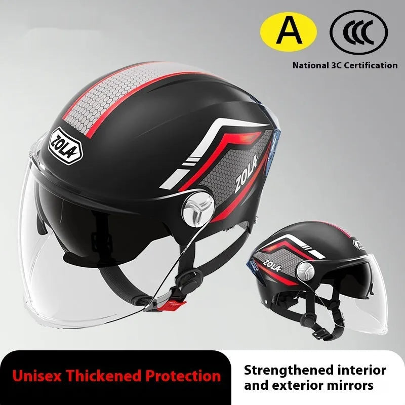 3C certified universal motorcycle half helmet with a double mirror sun visor in light brown colour.