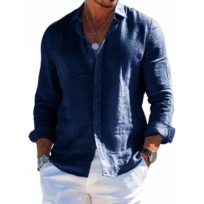 Men's long sleeve casual loose fit solid colour button top shirt polyester plus size clothing
