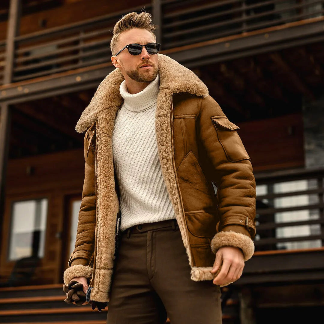 Men's winter military fleece jacket with fur collar in black, medium length with multiple pockets