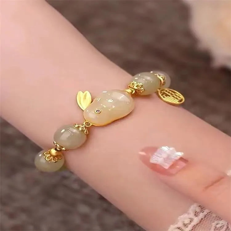 Green Chinese-style jade hare zodiac bracelet for women with electroplated mixed material construction