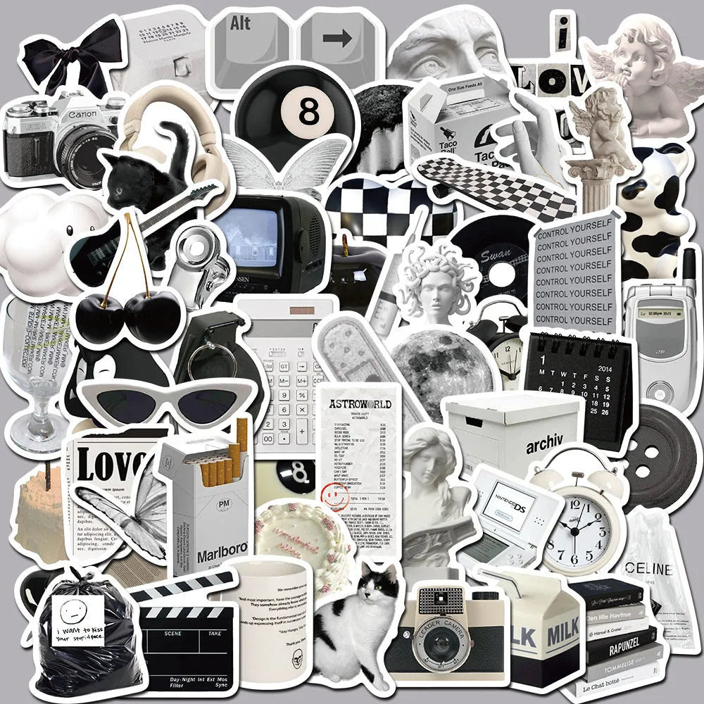 61-piece pack of black and white simple design waterproof PVC stickers for laptops and cups.