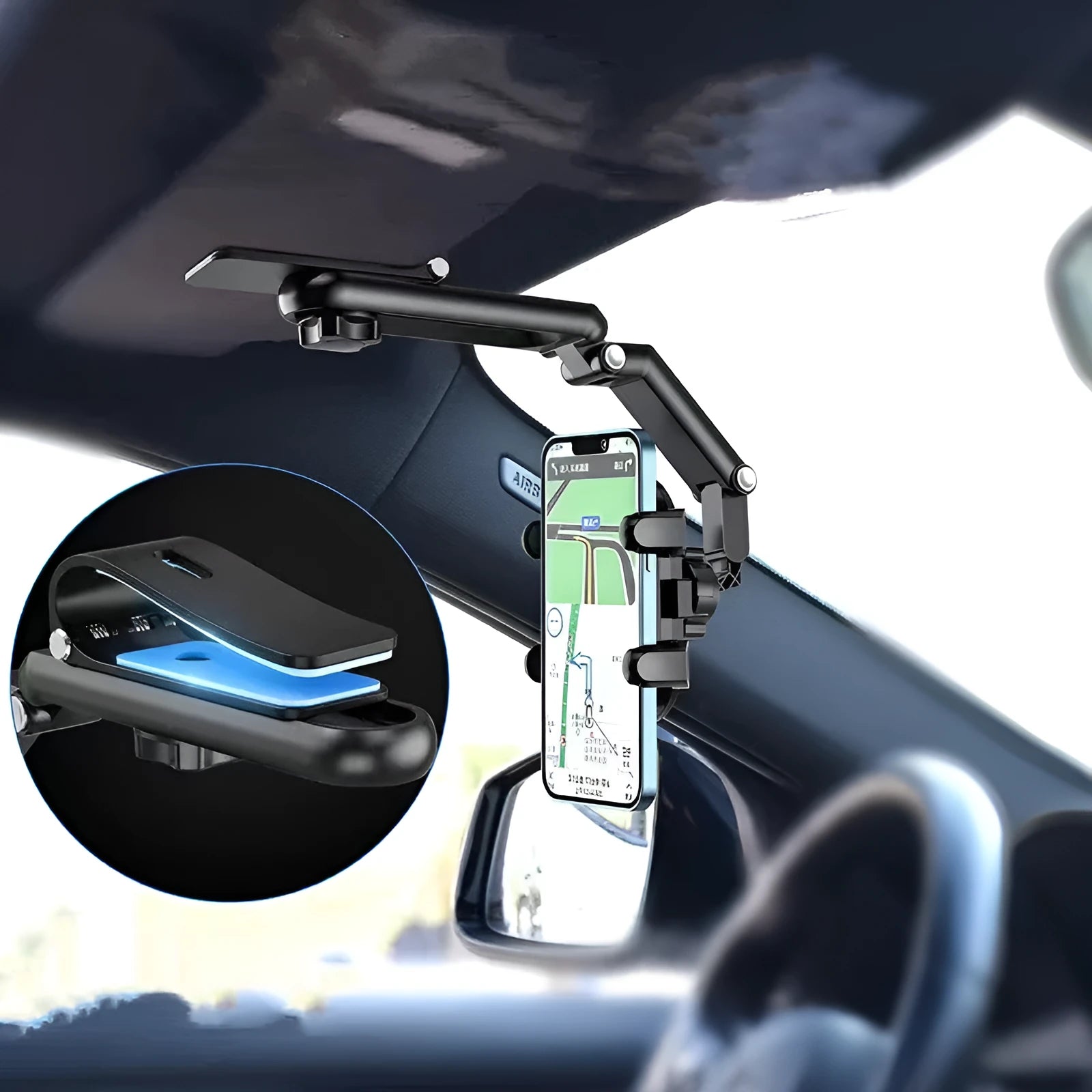 Black or green car sun visor accessory with buckle for rear seat mounting.