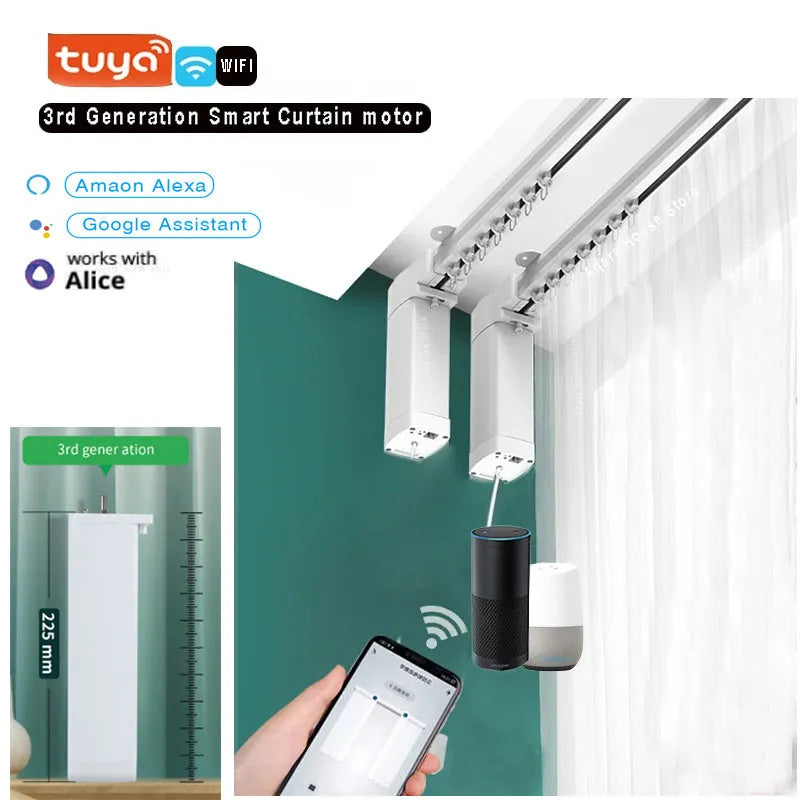 Smart curtain electric motor system with aluminium track and remote control for voice-operated automation