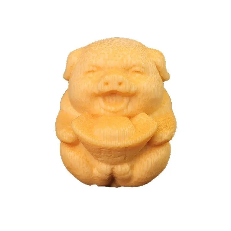 Solid bamboo carving ornament with ingot-shaped pig design measuring 4cm height