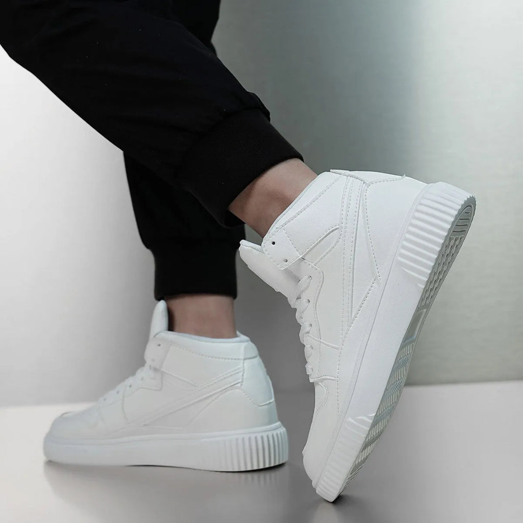 White men's casual shoes with a round toe and microfiber upper.