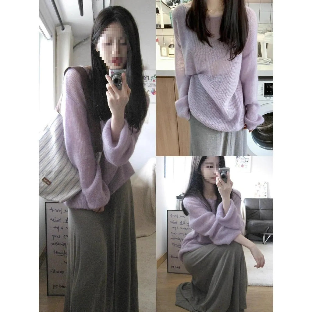 Purple ice silk women's blouse with princess sleeves and shoulder strap detail