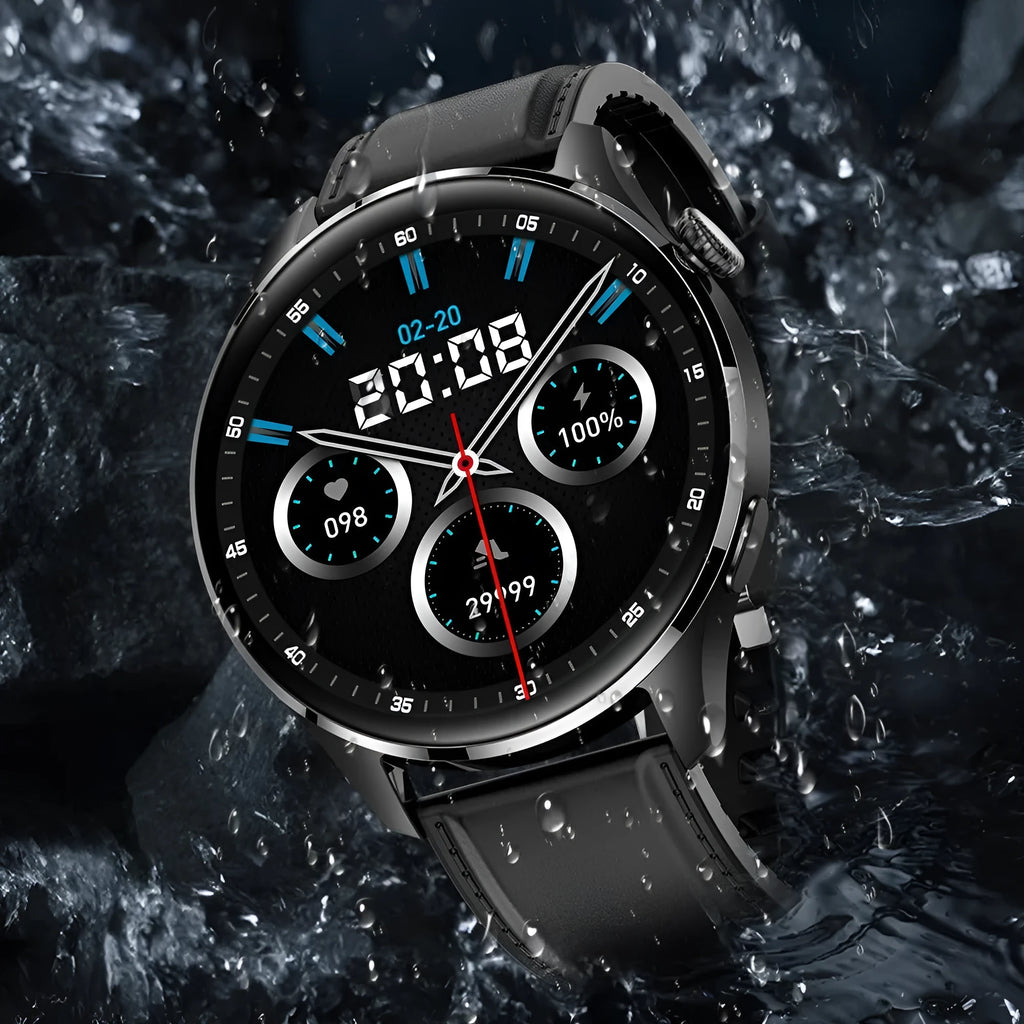 Smart watch with round colour screen on a black silicone strap showing call interface.