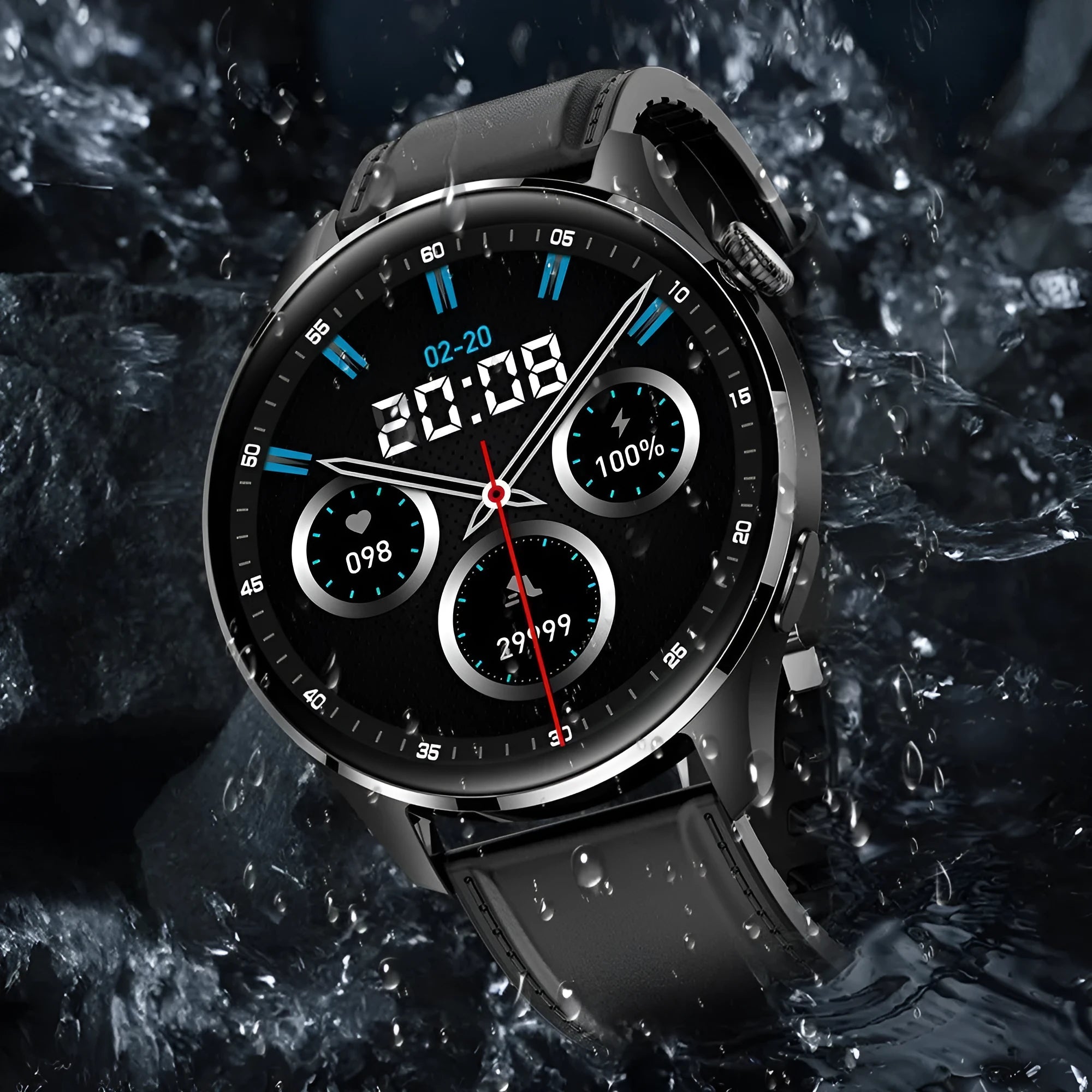 Smart watch with round colour screen on a black silicone strap showing call interface.