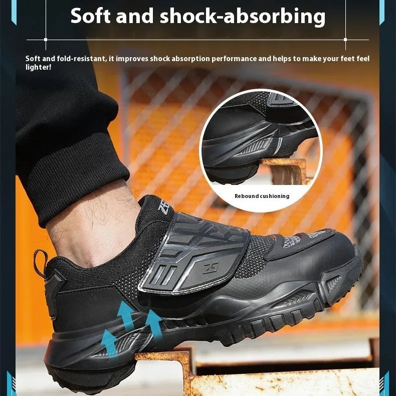 Black safety shoes with steel toe cap and anti-puncture sole, showing woven mesh fabric and TPU upper construction