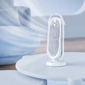 White desktop USB tower fan with humidifier function and remote control on office desk