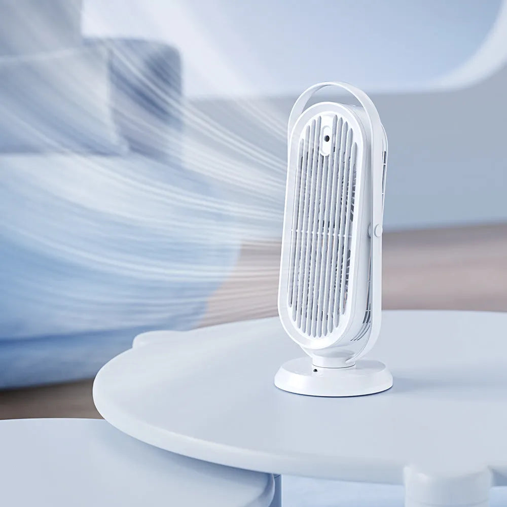 White desktop USB tower fan with humidifier function and remote control on office desk