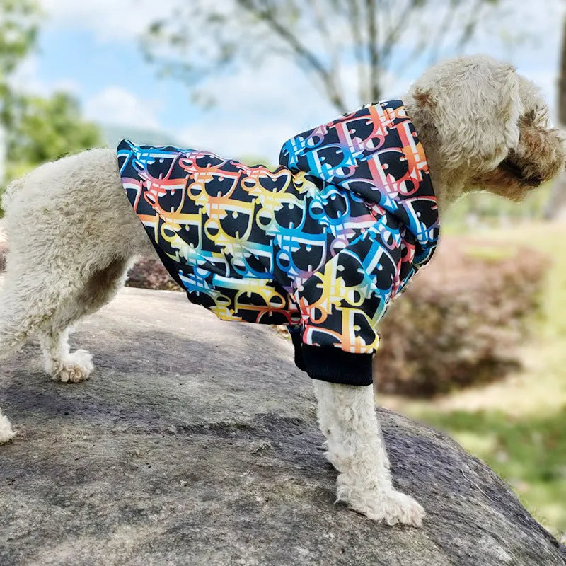 Colorful letter print polyester pet hoodie in picture colour, available in sizes XXS to FB for dogs and puppies.