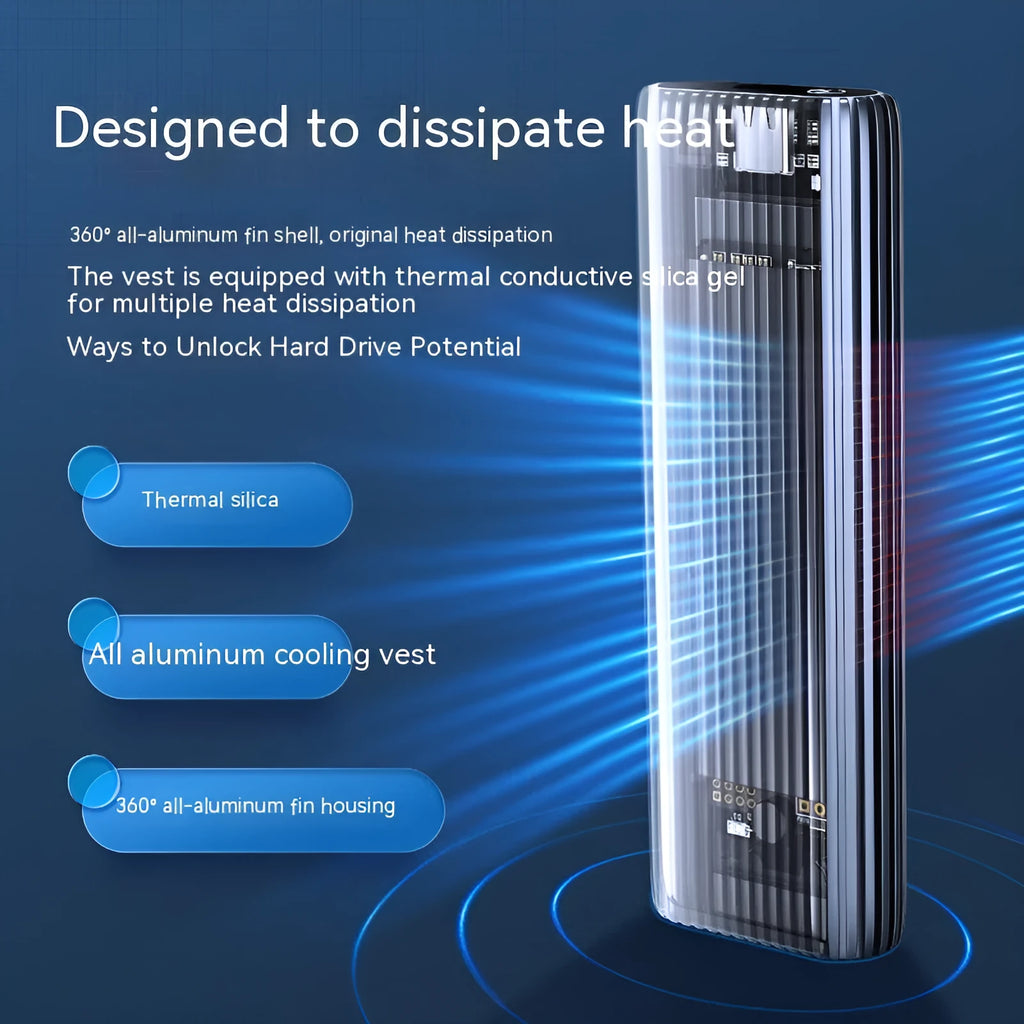 Aluminium external SSD enclosure for M.2 SATA or NVMe drives with USB cable and thermal materials.