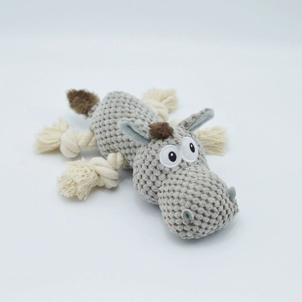 Grey donkey-shaped plush dog toy with cloth velvet material showing dimensions of approximately 27cm