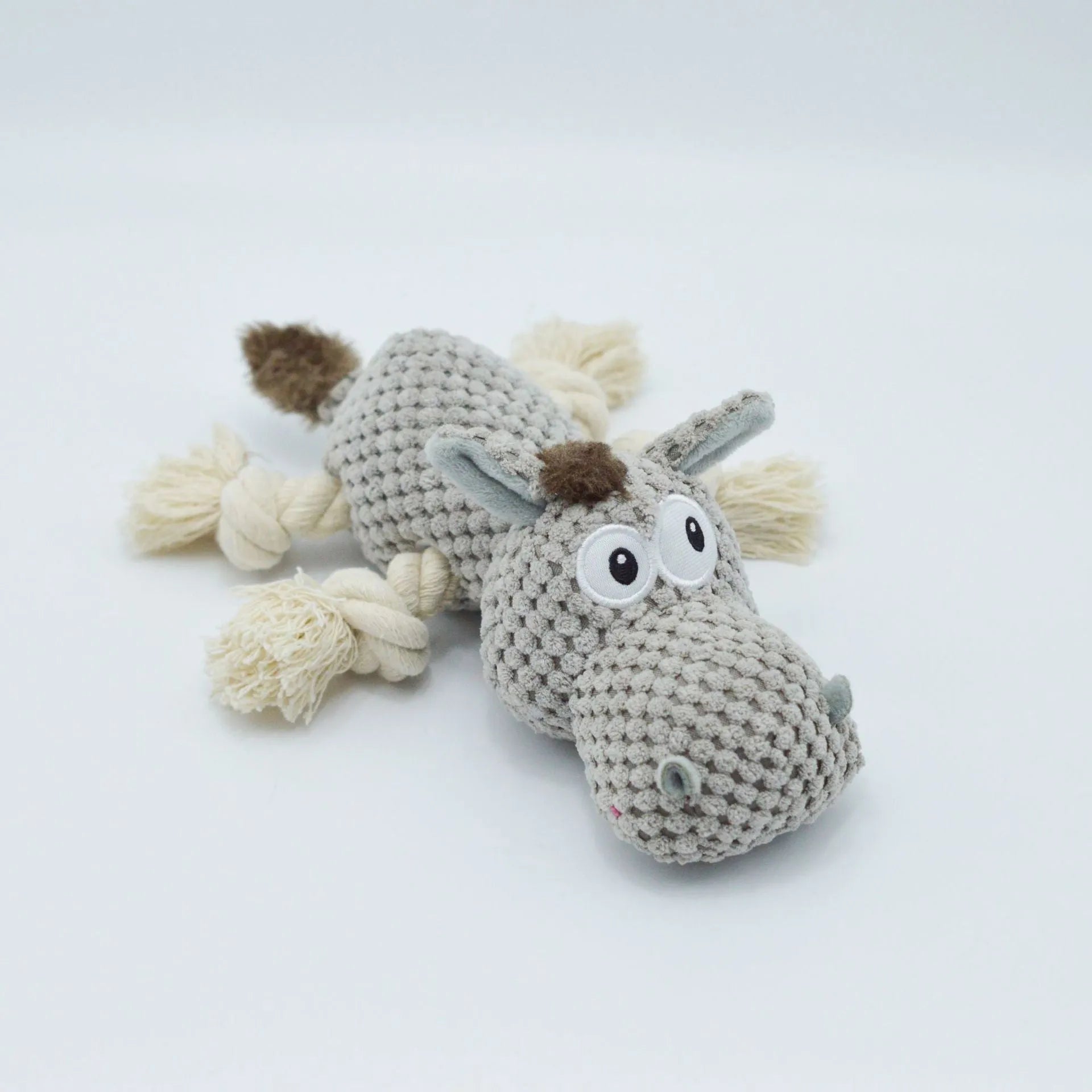 Grey donkey-shaped plush dog toy with cloth velvet material showing dimensions of approximately 27cm