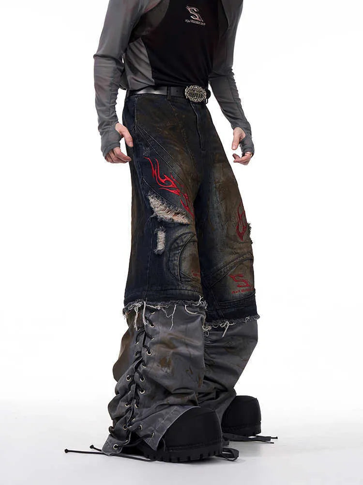 Men's retro jeans with detachable legs showing wide-leg design and mid-high waist