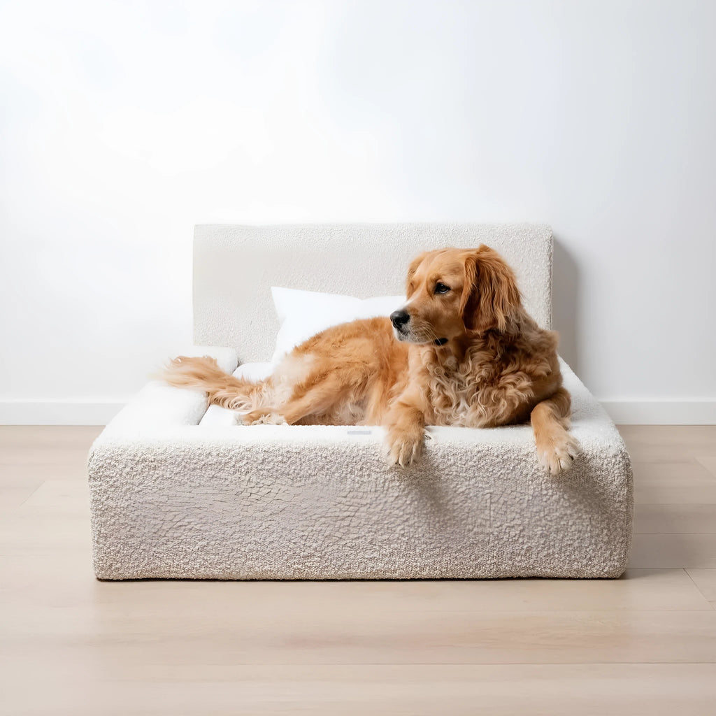 White rectangular dog mat with backrest and sponge filling, size L, on a wooden floor