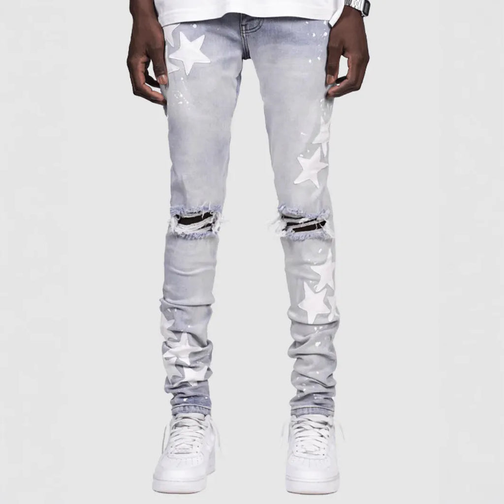 Men's slim stretch jeans with embroidery detailing on micro-elastic denim fabric