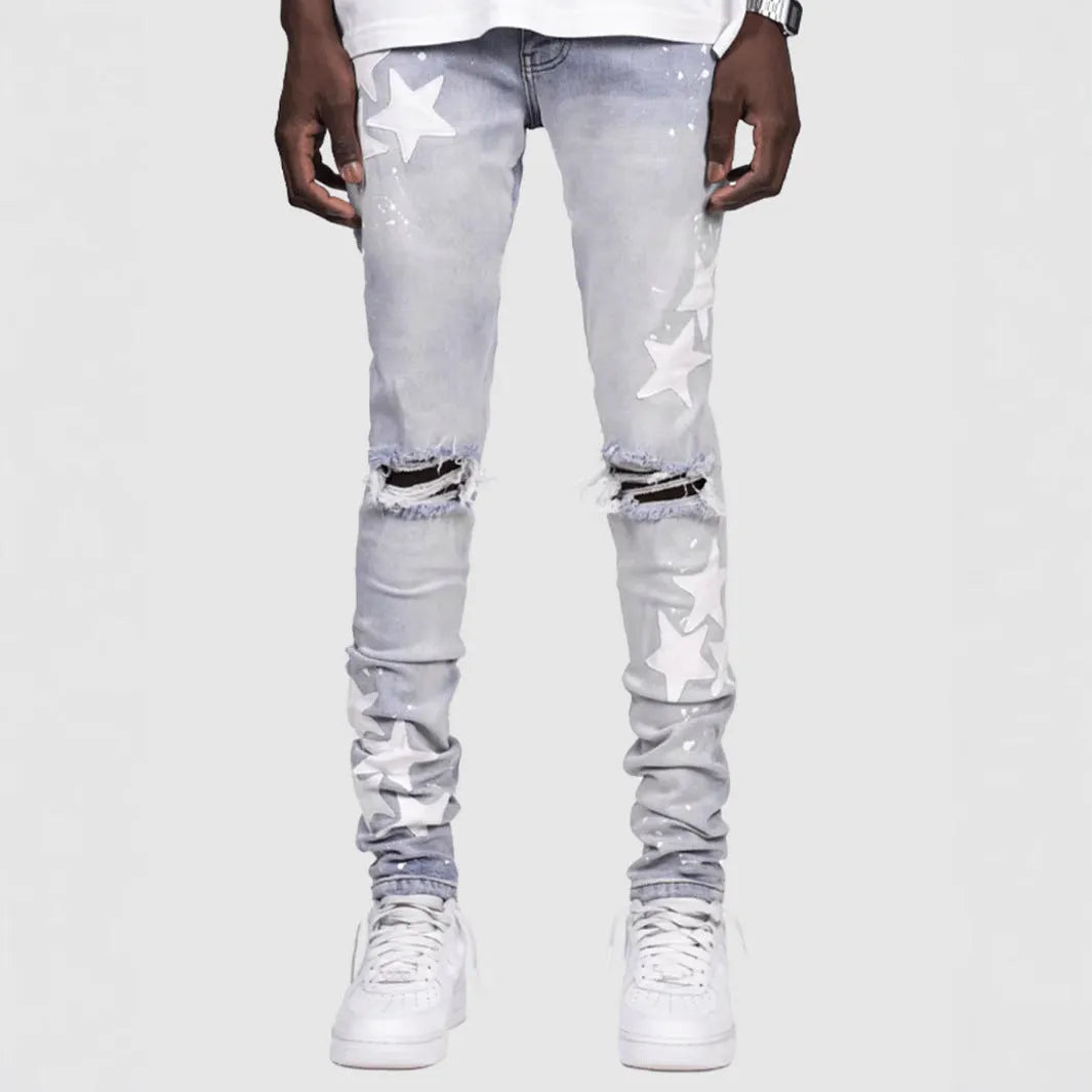 Men's slim stretch jeans with embroidery detailing on micro-elastic denim fabric