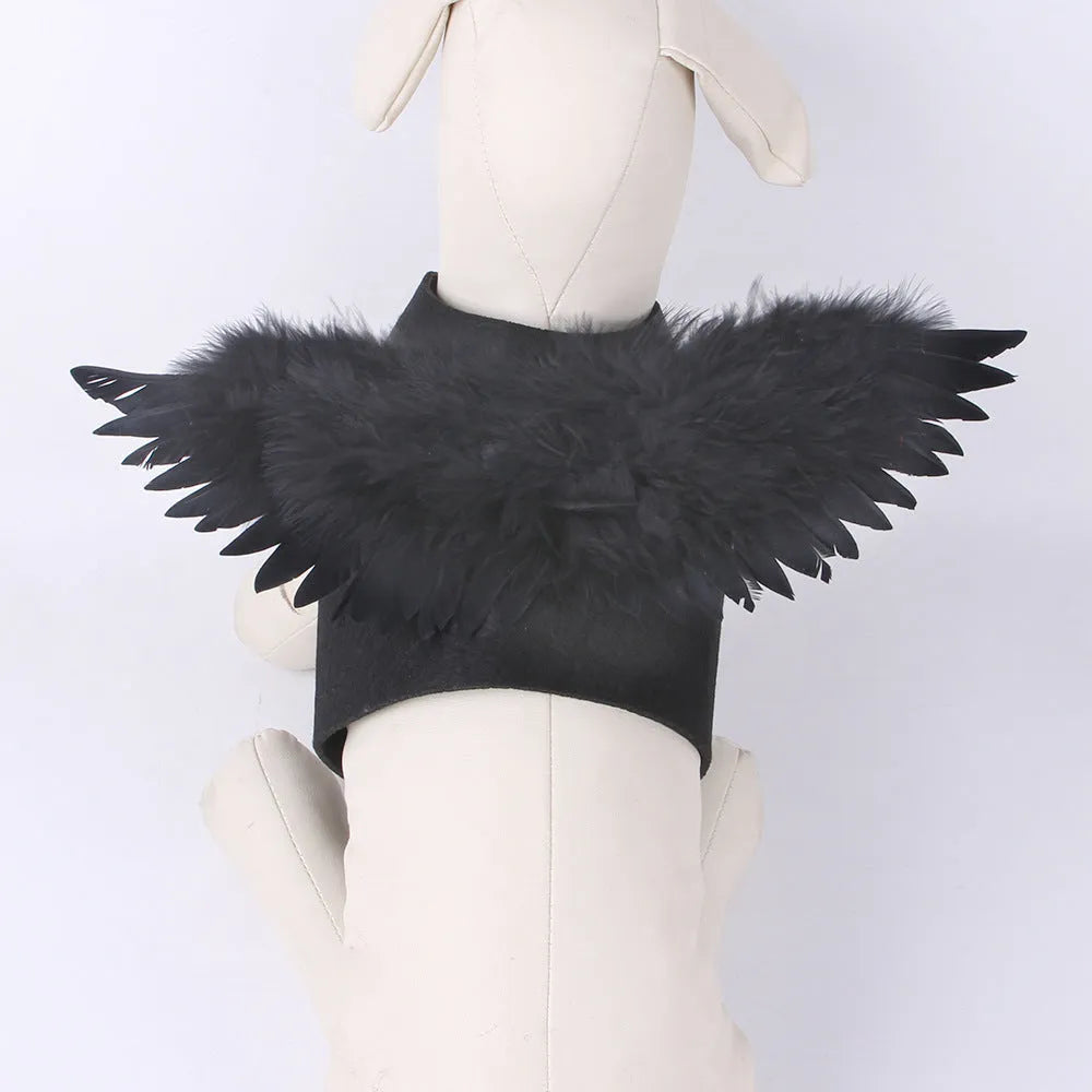 Black and white angel wings dog costume on chest and back with felt fabric
