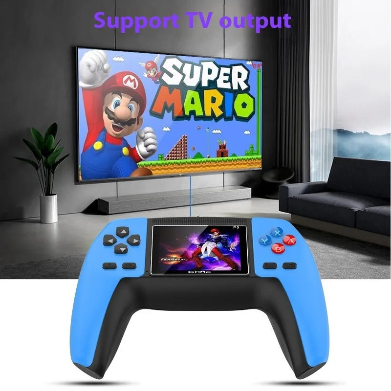 Double handle retro TV game console in blue with AV and USB cables on a white background