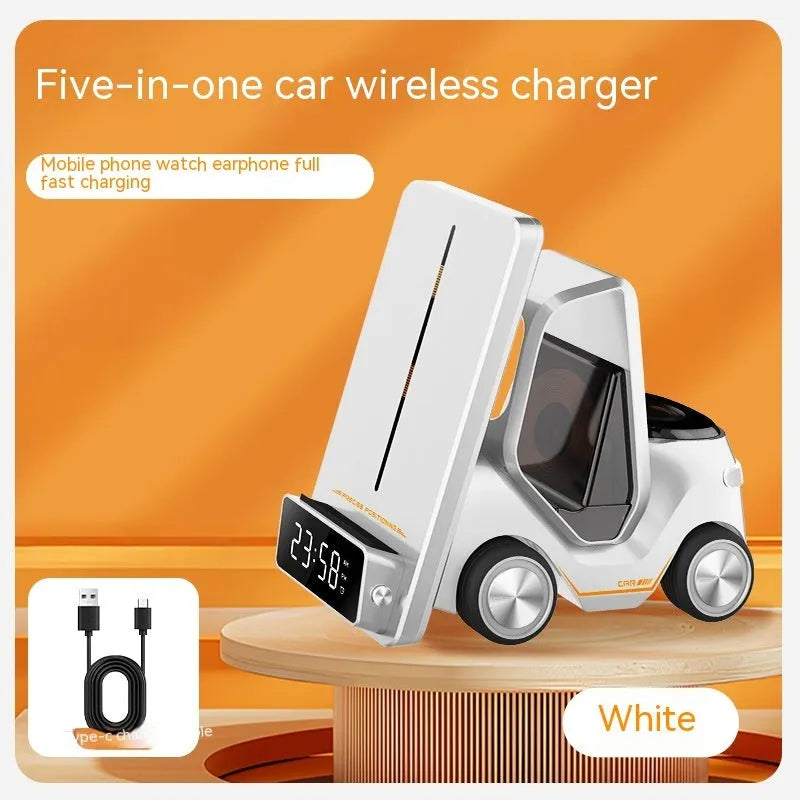 Grey 15W three-in-one wireless fast charging stand for phones on a desk