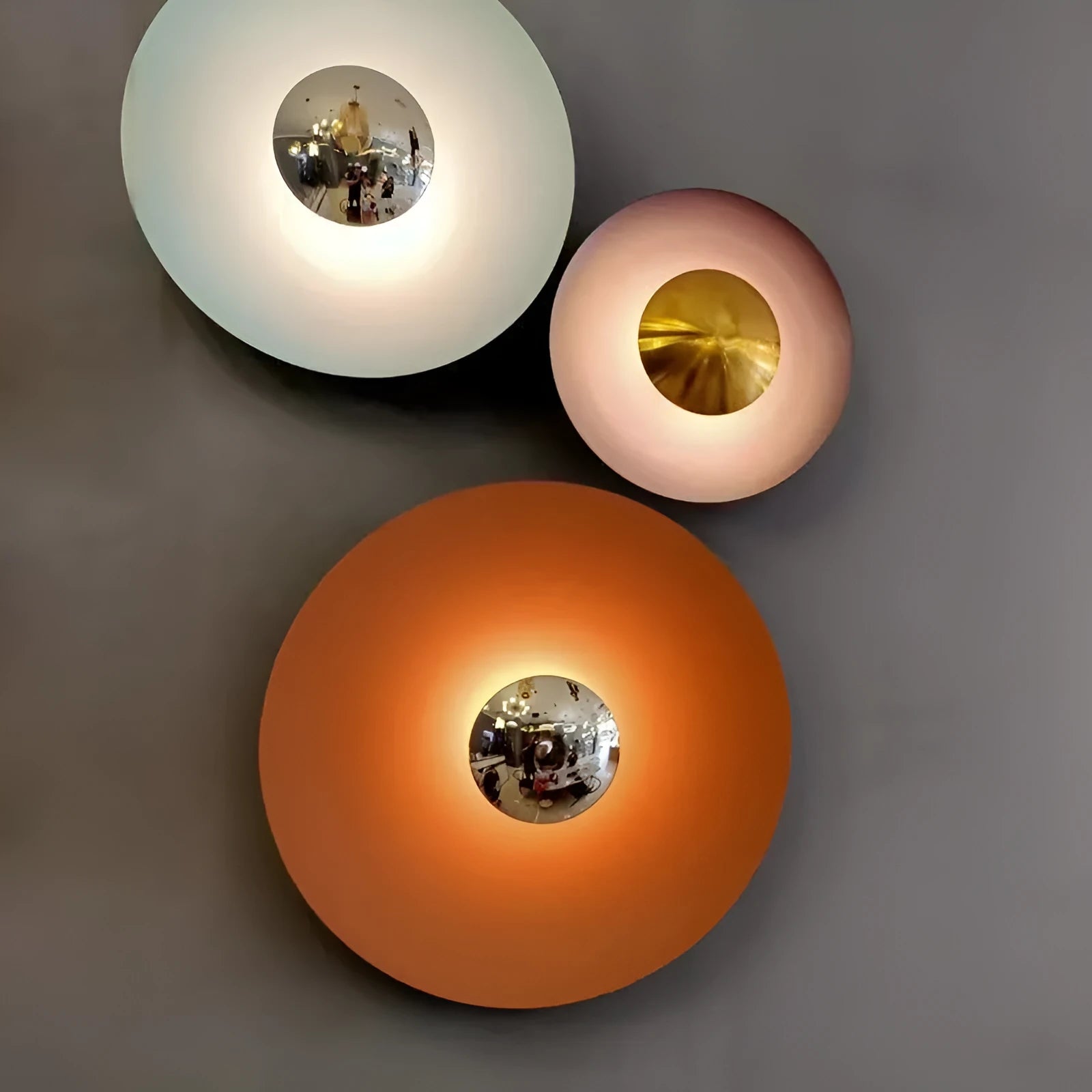 UFO-shaped iron wall lamp in blue, available in multiple sizes with integrated LED light.