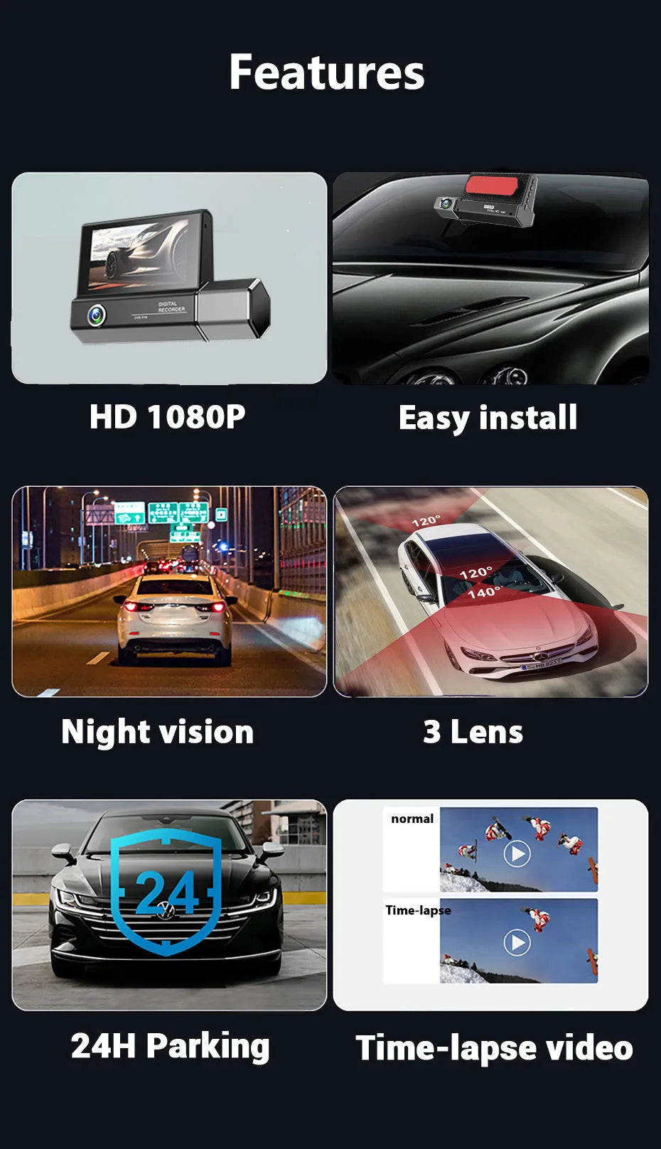 Black three-lens car dash camera recorder with touch screen display