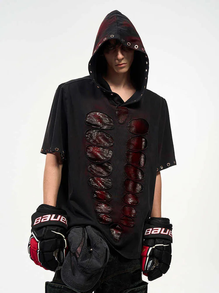 Black men's hooded short-sleeved T-shirt covered in sequins with a loose fit.