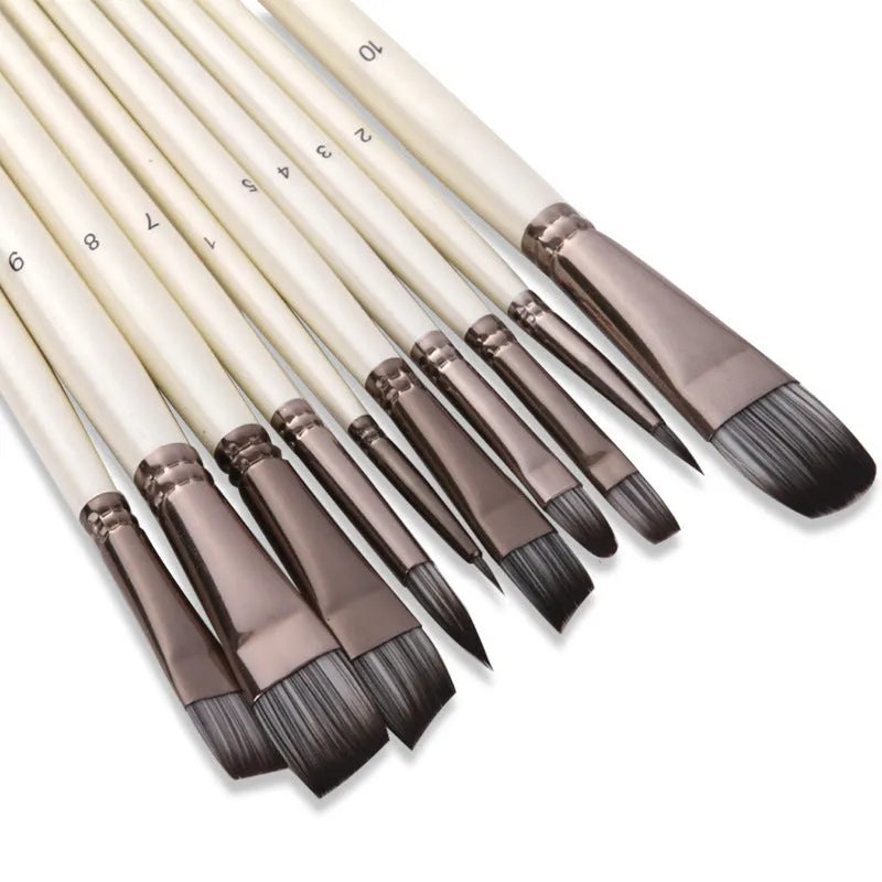 10 pearl white oil painting brushes with wooden handles and nylon bristles