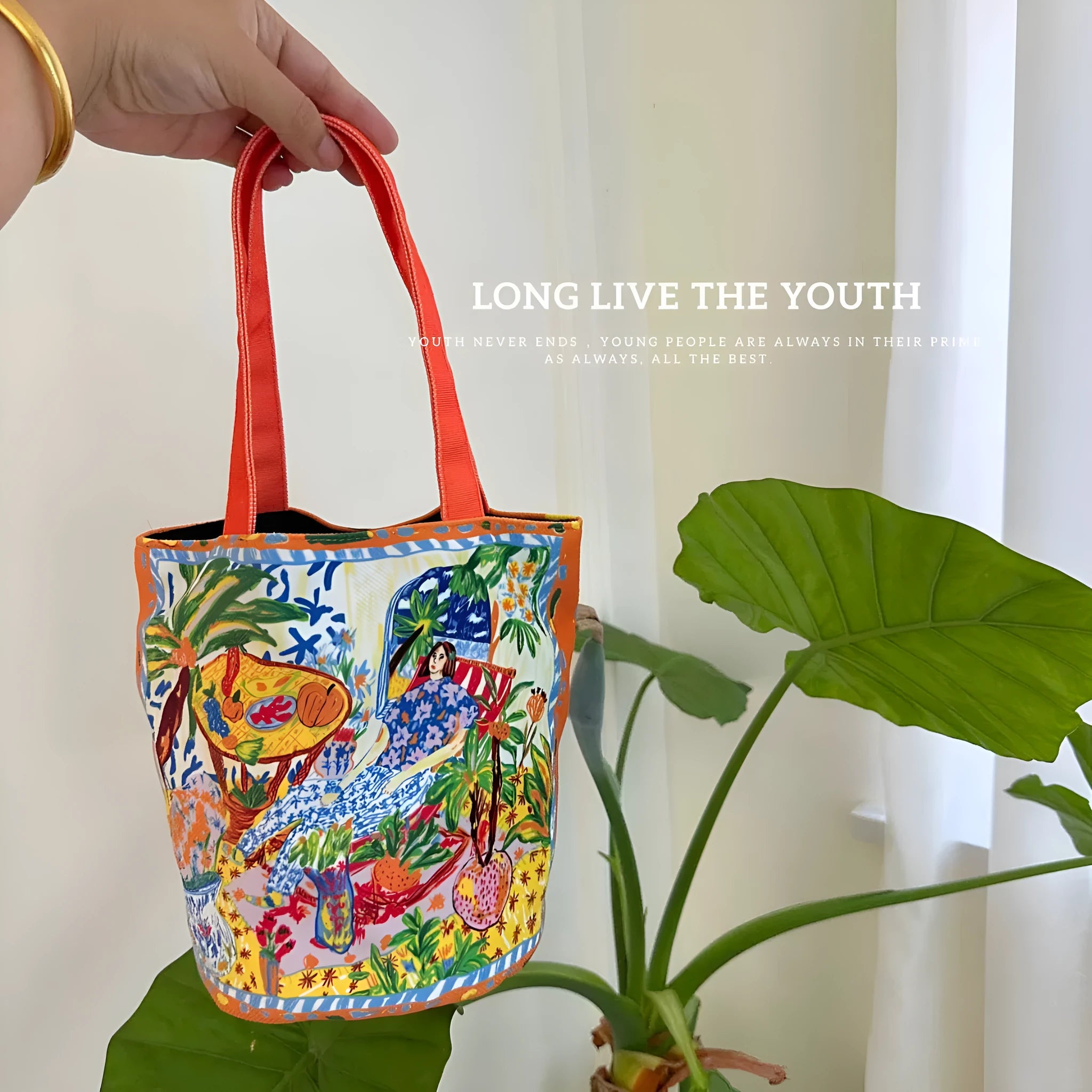 Dream Garden Orange plush canvas bucket bag with double shoulder straps and artistic letter printing