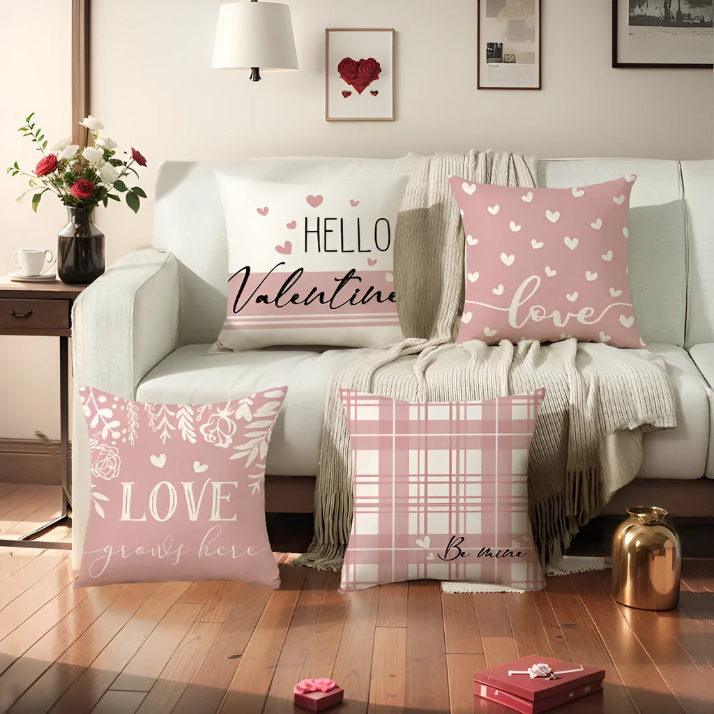 Square red and white plaid heart print pillow cover for Valentine's Day decor.