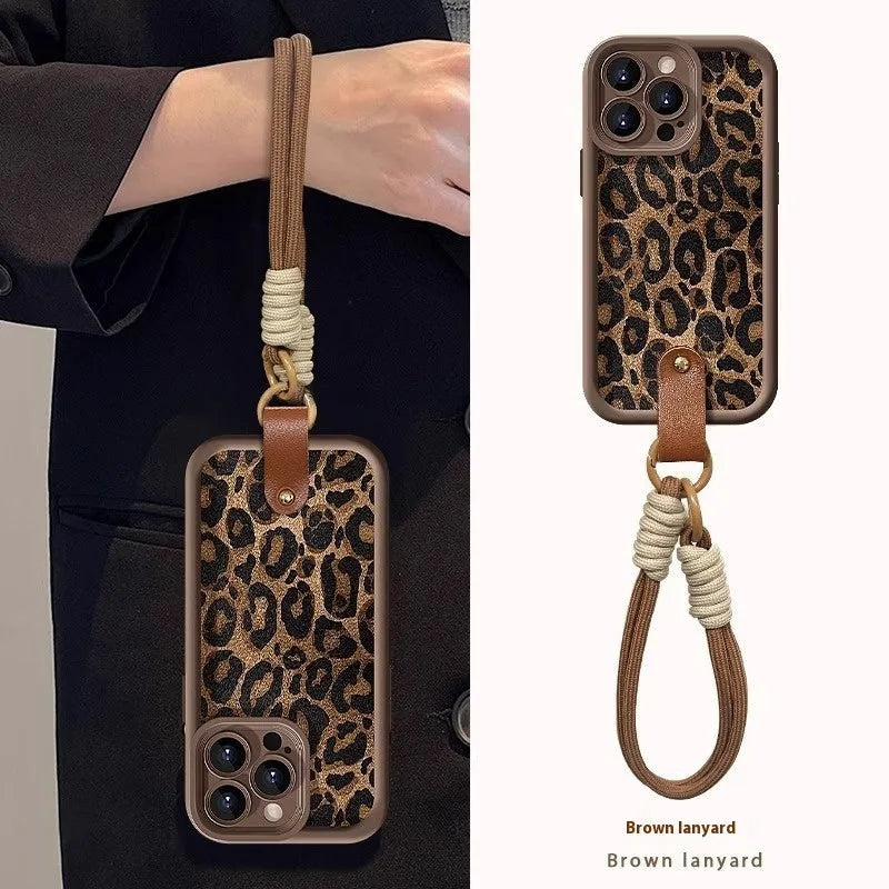 Brown leopard print silicone iPhone case with lanyard attachment point on side